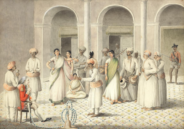 An English officer, Captain Lyons of the Bengal Infantry, seated smoking a hookah, watching nautch girls performing, with a retinue of Indian musicians and servants Calcutta, by an Indian artist, after an original painting of 1801 by Captain Crockatt of the Bengal Engineers, circa 1810-12