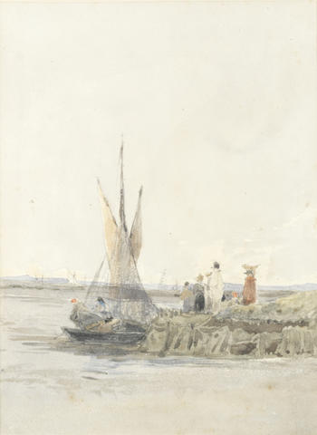 Attributed to James Holland RWS (British, 1799-1870) Figures boarding a boat; Landscape with a windmill, a pair. the first 22.2 x 18.1cm (8 3/4 x 7 1/8in); the second 13 x 33cm (5 1/8 x 13in).(2)