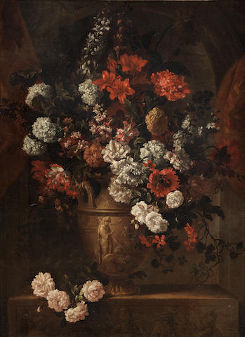 Pieter Casteels III (Antwerp 1684-1749 Richmond) Poppies, roses, lilies and other flowers in an urn on a carved ledge