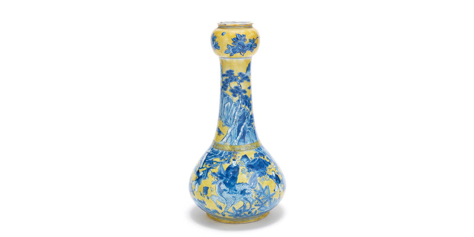 A yellow-ground Ming-style 'landscape' garlic-head pear-shaped vase  Kangxi
