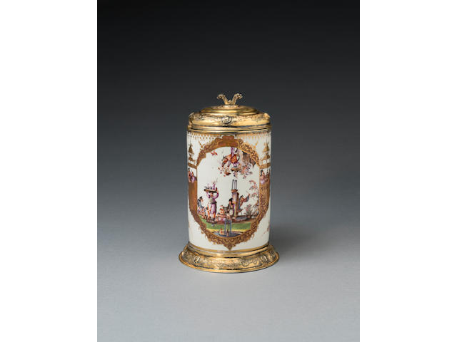 An important Meissen silver-gilt-mounted tankard with Saxon crossed swords and AR monogram in gilt carouches, circa 1725-30