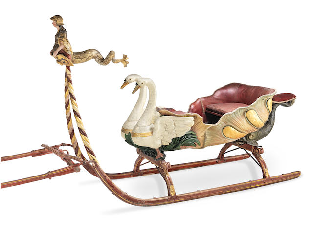 A Bavarian carved, polychrome decorated and parcel gilt sleigh  First-half 19th century