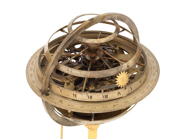 A very rare early 19th century lacquered and silvered brass English striking spherical skeleton clock Barraud, Cornhill, London