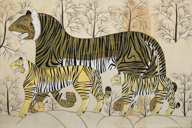 A large painting on cloth of a tiger standing in a forest with two tiger cubs Rajasthan, probably Udaipur, early 20th Century