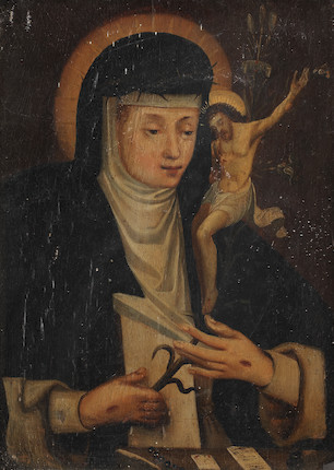 Spanish School, 17th Century Saint Catherine of Siena (together with a cut-down portrait from the Circle of William Larkin and a Spanish painting of the Pieta' (3)) image 1