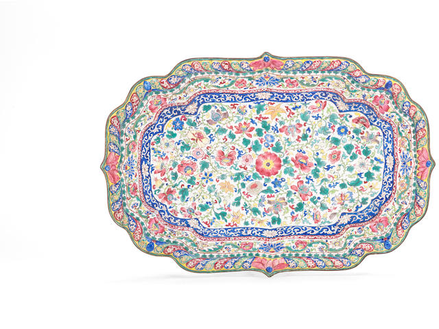 A large painted enamel shaped tray 18th century