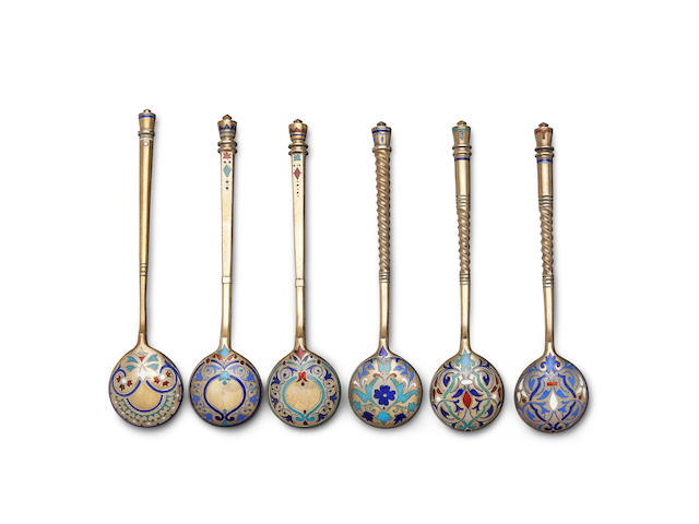 A set of six silver and enamel demitasse spoons