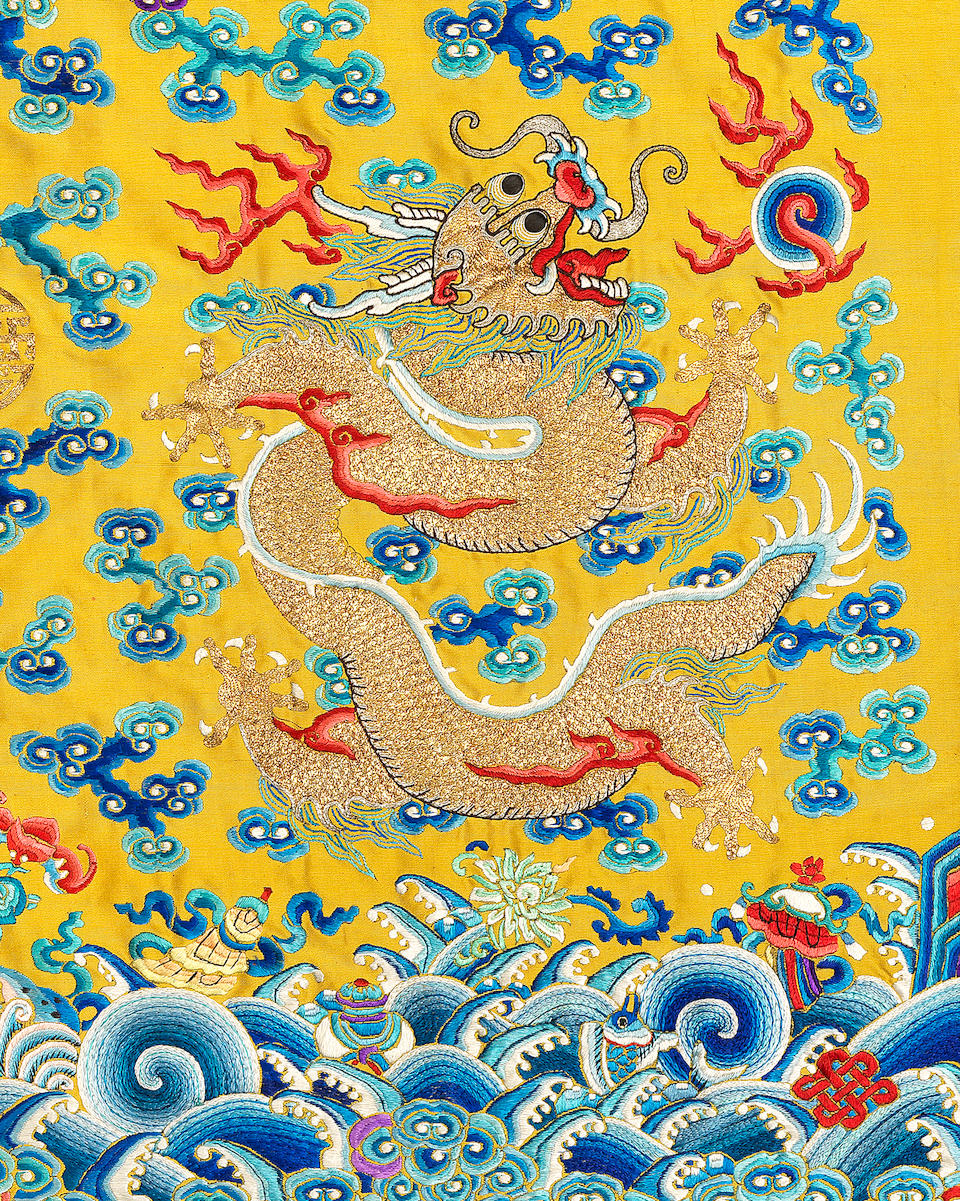 A rare Imperial embroidered yellow-ground Twelve-Symbol dragon robe, jifu 19th century