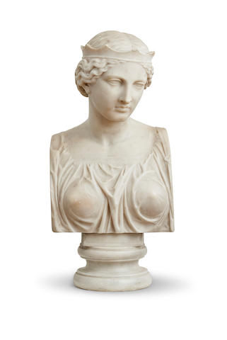 A carved marble 'Pre-Raphaelite' half bust,