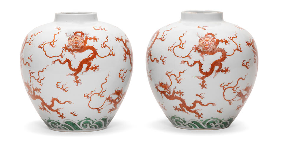 A pair of very rare iron-red and green-enamelled ovoid jars Yongzheng six-character marks and of the period (4)