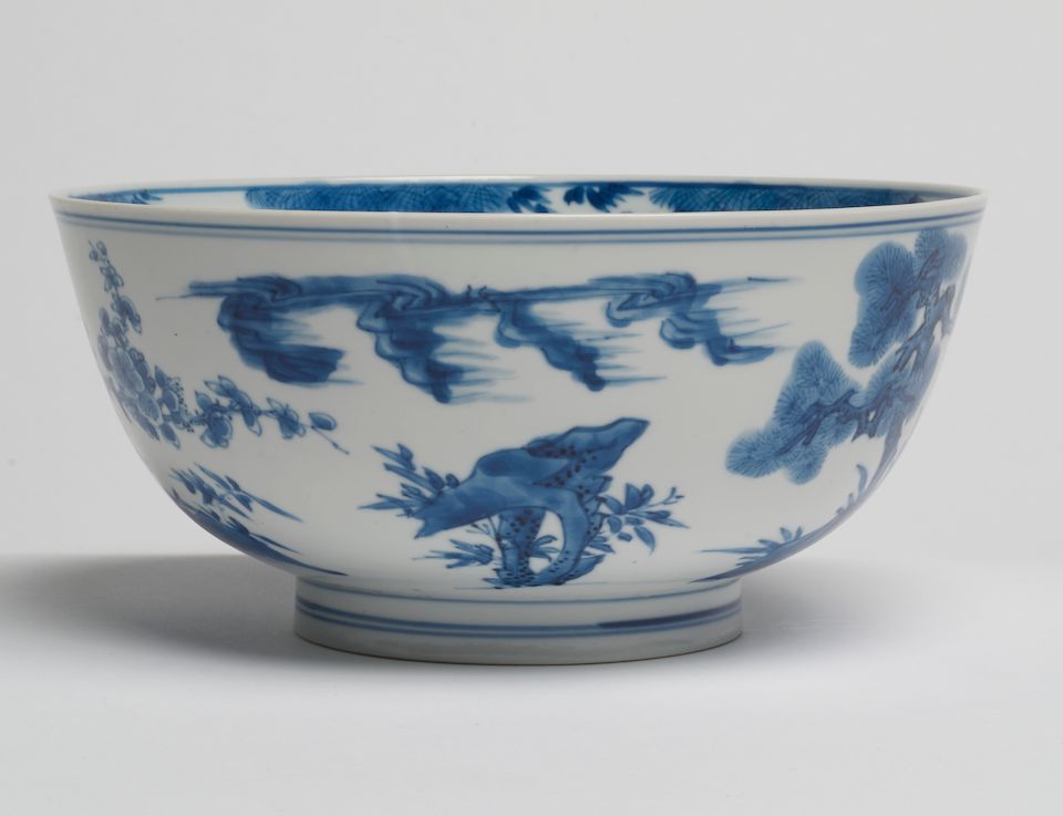 A blue and white 'Three Friends of Winter' bowl Kangxi six-character mark and of the period
