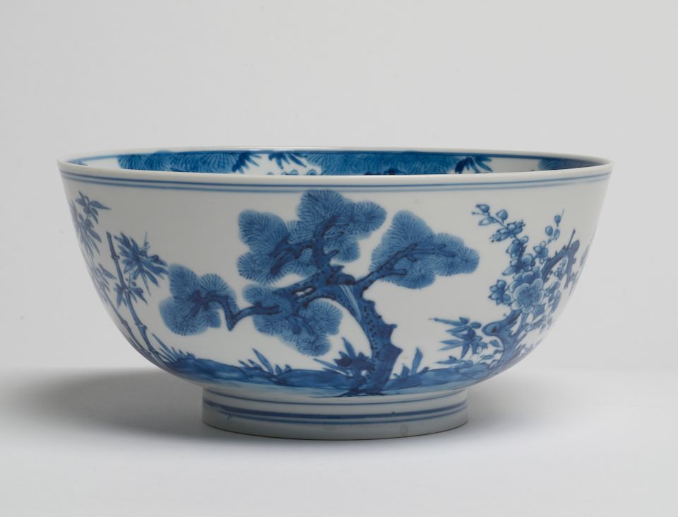 A blue and white 'Three Friends of Winter' bowl Kangxi six-character mark and of the period