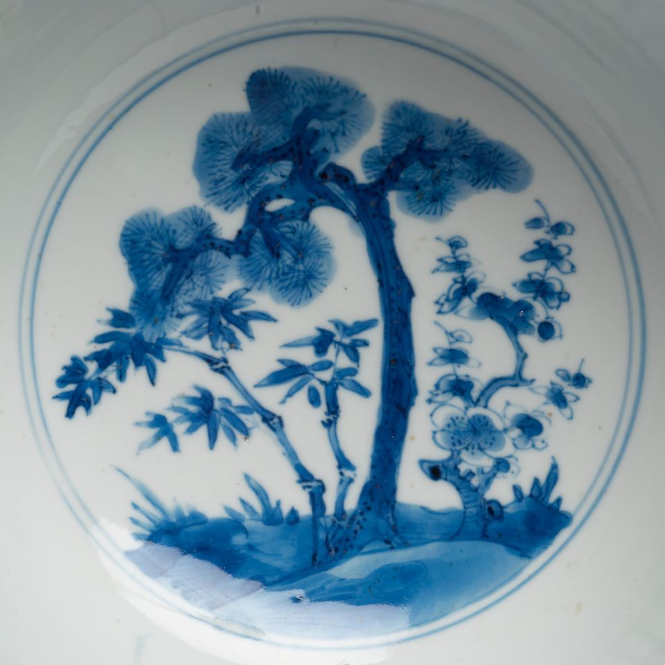 A blue and white 'Three Friends of Winter' bowl Kangxi six-character mark and of the period