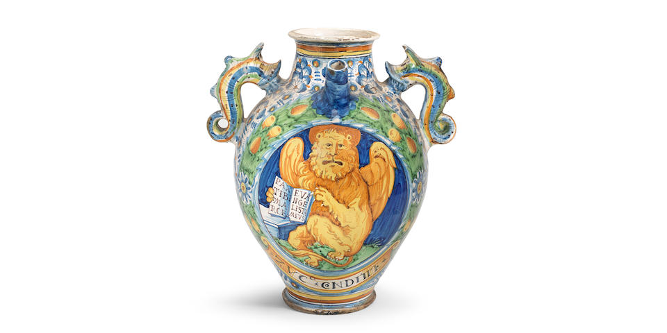 A very large Montelupo maiolica Double-Handled Wet Drug Jar, circa 1570-90