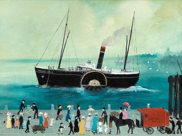 Helen Bradley (British, 1900-1979) Waiting at Liverpool to go to the Isle of Man 45.8 x 61 cm. (18 x 24 in.)