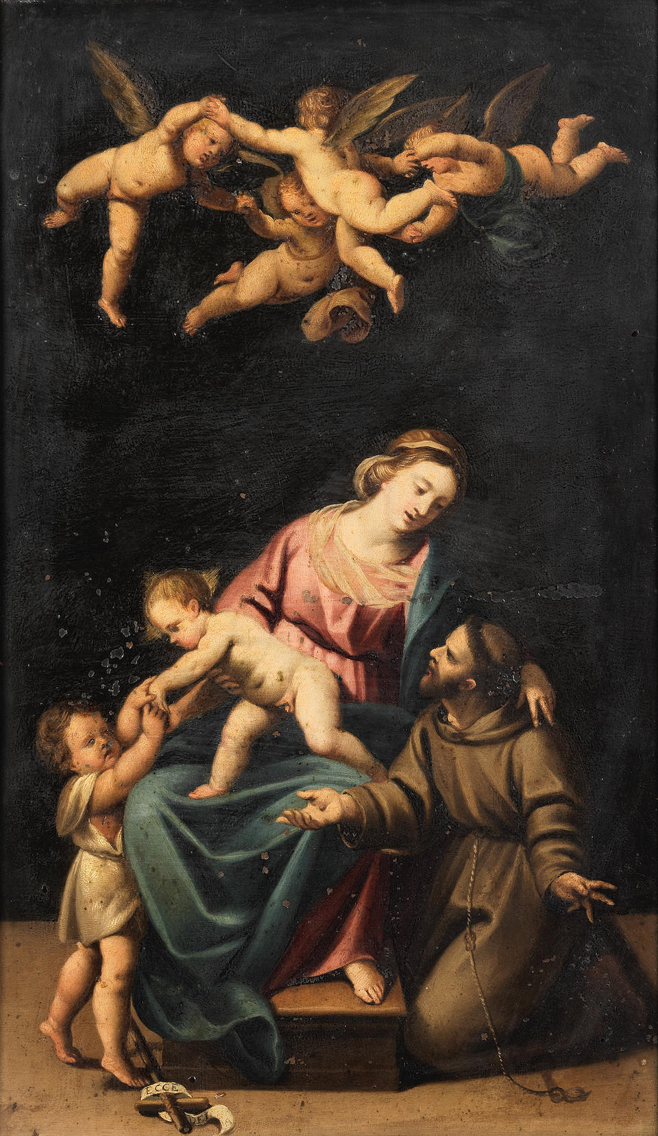 Attributed to Alessandro Turchi, called l'Orbetto (Verona 1578-1649 Rome) The Madonna and Child with the Infant Saint John the Baptist and Saint Francis of Assisi, with angels above