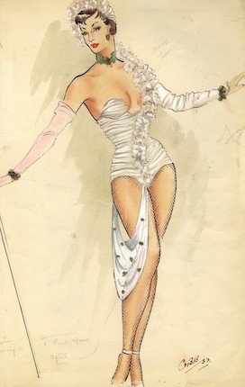 Ronald Cobb (British, 1907-1977) A signed original costume design for a Murray's Cabaret Club showgirl in a white corset, 1952, image 1