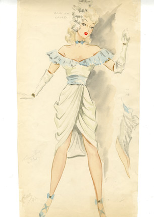 Ronald Cobb (British, 1907-1977) A large signed original costume design of a Murray's Cabaret Club showgirl in a blue and white dress, 1950's, image 2