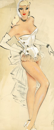 Ronald Cobb (British, 1907-1977) Two original costume designs of Murray's Cabaret Club showgirls in white costumes for 'Ascot No.' 1950's, 2 image 1