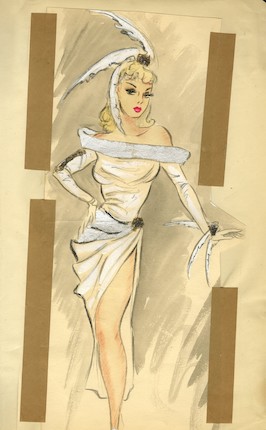 Ronald Cobb (British, 1907-1977) Two original costume designs of Murray's Cabaret Club showgirls in white costumes for 'Ascot No.' 1950's, 2 image 3