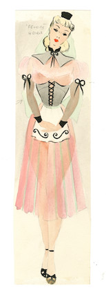 Ronald Cobb (British, 1907-1977) Two original costume designs of Murray's Cabaret Club showgirl 'Doreen' in pink and black dresses, 1951, 2 image 3
