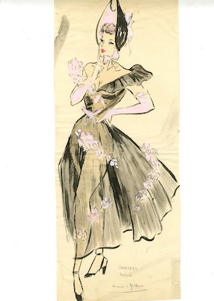 Ronald Cobb (British, 1907-1977) A large original costume design of a Murray's Cabaret Club showgirl in a black dress and hat, 1950's, image 2