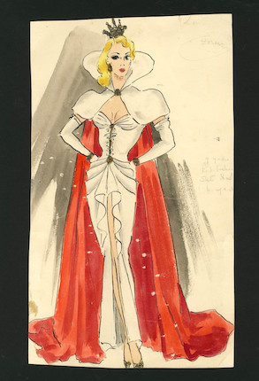 Ronald Cobb (British, 1907-1977) An original costume design of a Murray's Cabaret Club showgirl in a white dress with red cape, 1950's, image 1
