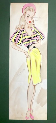 Ronald Cobb (British, 1907-1977) An original costume design of a Murray's Cabaret Club showgirl in a pink and yellow outfit, 1950's, image 2
