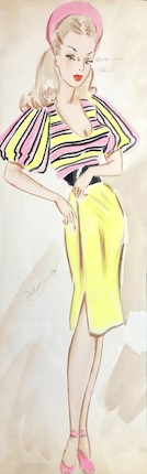 Ronald Cobb (British, 1907-1977) An original costume design of a Murray's Cabaret Club showgirl in a pink and yellow outfit, 1950's, image 1
