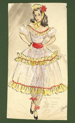 Ronald Cobb (British, 1907-1977) Two original costume designs for Murray's Cabaret Club showgirls in Spanish-style dresses, 1950's, 2 image 3