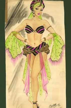 Ronald Cobb (British, 1907-1977) Two original costume designs for Murray's Cabaret Club dancing showgirls in pink and green ensembles, 1952, 2 image 2