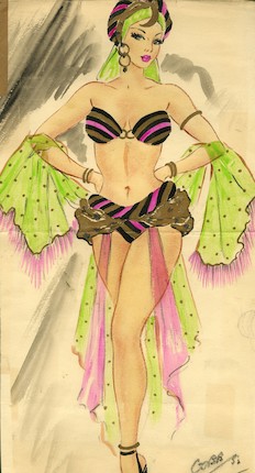 Ronald Cobb (British, 1907-1977) Two original costume designs for Murray's Cabaret Club dancing showgirls in pink and green ensembles, 1952, 2 image 1