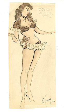 Ronald Cobb (British, 1907-1977) A signed original costume design of a Murray's Cabaret club showgirl in a brown and white ensemble, 1951, image 2