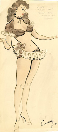 Ronald Cobb (British, 1907-1977) A signed original costume design of a Murray's Cabaret club showgirl in a brown and white ensemble, 1951, image 1