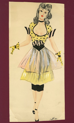Ronald Cobb (British, 1907-1977) A signed original costume design of a Murray's Cabaret Club showgirl in a yellow and black dress, 1952, image 2