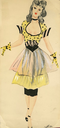 Ronald Cobb (British, 1907-1977) A signed original costume design of a Murray's Cabaret Club showgirl in a yellow and black dress, 1952, image 1