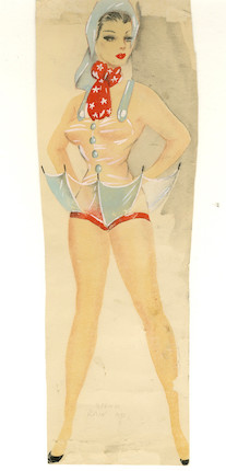 Ronald Cobb (British, 1907-1977) An original costume design of a Murray's Cabaret Club showgirl in an umbrella skirt, c.1962, image 2