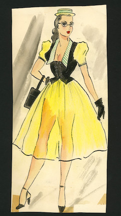Ronald Cobb (British, 1907-1977) An original costume design for a Murray's Cabaret Club showgirl in a yellow and black dress, 1950's, image 2
