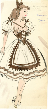 Ronald Cobb (British, 1907-1977) Group of five original costume designs for Murray's Cabaret Club showgirls in farm girl dresses, 1951, 5 image 1