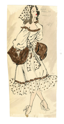 Ronald Cobb (British, 1907-1977) Group of five original costume designs for Murray's Cabaret Club showgirls in farm girl dresses, 1951, 5 image 5