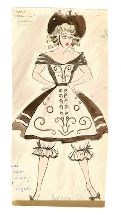 Ronald Cobb (British, 1907-1977) Group of five original costume designs for Murray's Cabaret Club showgirls in farm girl dresses, 1951, 5 image 4