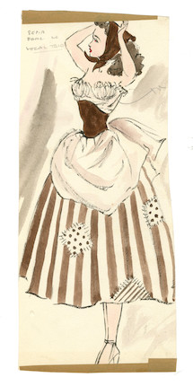 Ronald Cobb (British, 1907-1977) Group of five original costume designs for Murray's Cabaret Club showgirls in farm girl dresses, 1951, 5 image 3