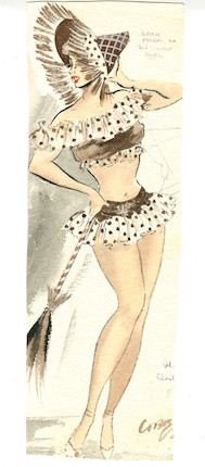 Ronald Cobb (British, 1907-1977) Group of six original costume designs for Murray's Cabaret Club showgirls in brown and white farm girl playsuits, 1951, 6 image 2