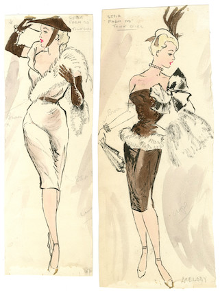 Ronald Cobb (British, 1907-1977) Two original costume designs for Murray's Cabaret Club showgirls dressed as 'Town Girls', 1950's, 2 image 2
