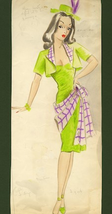 Ronald Cobb (British, 1907-1977) An original costume design for a Murray's Cabaret Club showgirl in a green dress and hat, 1950's, image 2