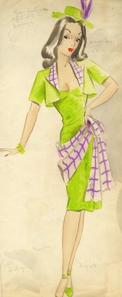 Ronald Cobb (British, 1907-1977) An original costume design for a Murray's Cabaret Club showgirl in a green dress and hat, 1950's, image 1