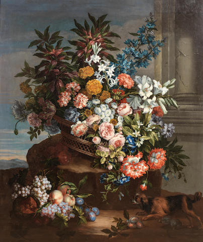 Jean-Baptiste Monnoyer (Lille 1636-1699 London) Still life of a basket of flowers by a column in a landscape with a King Charles spaniel