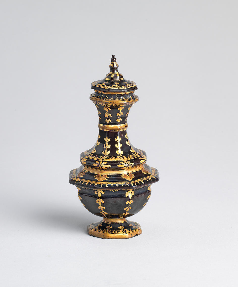 A very rare Meissen B&#246;ttger stoneware black-lacquered octagonal vase and cover, circa 1710-19