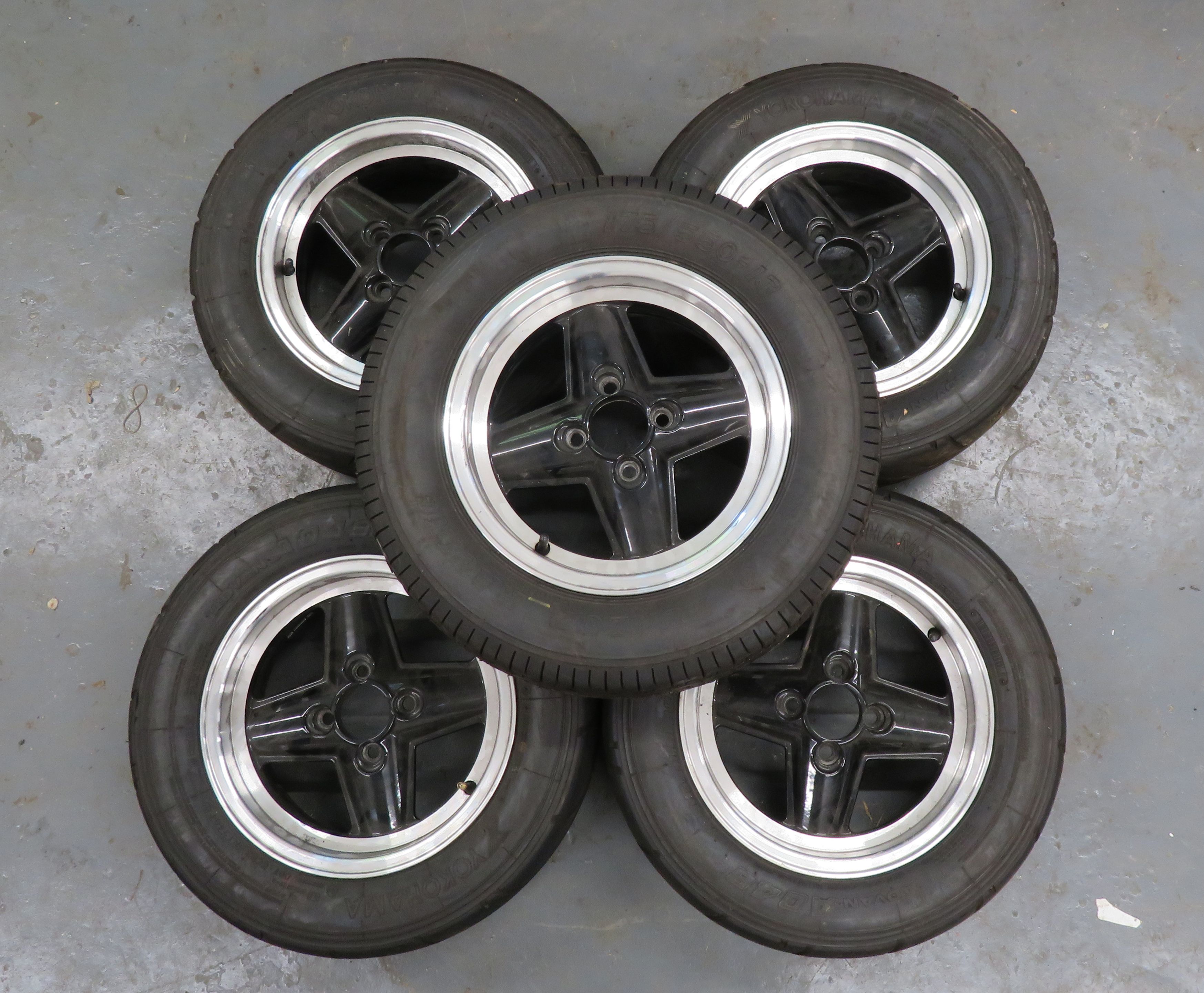 Bonhams Cars : Five unidentified 13'' four-stud alloy wheels ((5))