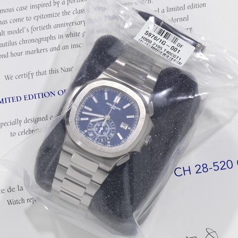 Bonhams Patek Philippe A Very Fine And Rare Factory Sealed Limited Edition Anniversary 18k White Gold Automatic Calendar Flyback Chronograph Bracelet Watch With Diamond Set Dial 40th Anniversary Nautilus Ref 5976 1g 001